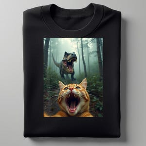 May include: Black sweatshirt featuring a humorous graphic of a cat and a dinosaur in a forest setting. The cat is orange and white, with its mouth wide open. The dinosaur is brown and green, with its mouth open. The background is a forest.
