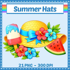 May include: A yellow straw hat with a blue ribbon, red and blue flowers, and a watermelon slice. A popsicle and the text "Summer Hats" are also featured in this colorful illustration.