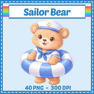 Matrosenbär-Cliparts (40 PNG-Dateien), Babyparty, Kinderzimmer, Kreuzstichmuster, digitaler Download, Sublimationsdruck, Scrapbooking, kommerzielle Nutzung
