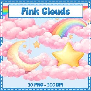Puede incluir: Ilustración digital con nubes rosas, un arcoíris, una luna creciente y estrellas. El texto "Pink Clouds" se muestra encima de la escena, con "20 PNG - 300 DPI" debajo. El fondo es azul claro.