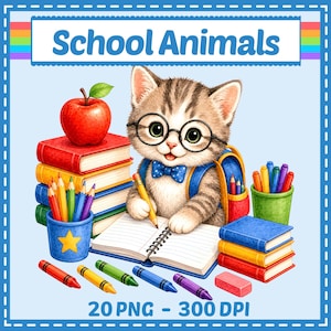 Könnte beinhalten: Eine digitale Illustration mit dem Titel School Animals, die ein getigertes Kätzchen mit runder schwarzer Brille und einer blauen gepunkteten Fliege zeigt. Das Kätzchen schreibt in ein offenes Notizbuch, umgeben von bunten Büchern, einem roten Apfel und Stiften.