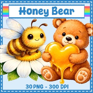 Imágenes prediseñadas de ositos de miel (30 imágenes PNG), baby shower, niños, guardería, pegatina, elemento, patrón de punto de cruz, descarga digital, sublimación, uso comercial.