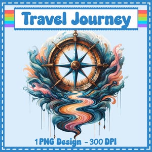 Puede incluir: Ilustración digital de una rosa de los vientos con una estrella azul en el centro, rodeada de diseños arremolinados en azul, naranja y rosa. El texto "Travel Journey" se muestra encima de la brújula, con "1 PNG Design - 300 DPI" debajo.