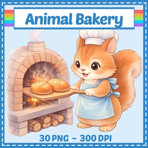 May include: A digital illustration of an "Animal Bakery" scene. A cute cartoon squirrel wearing a chef's hat and apron holds a wooden peel with two loaves of bread. A brick oven with a fire and logs is in the background. The image has a blue border and text.
