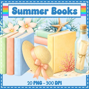May include: An illustration featuring a stack of books in pastel colors, a straw hat with a peach ribbon, and a glass bottle with a scroll. The words "Summer Books" are displayed above the objects. The image has a beach theme with seashells and coral.
