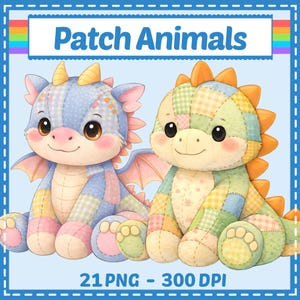 May include: Two stuffed dragon toys with a patchwork design. The left dragon is blue and pink with wings, while the right dragon is green and yellow with dorsal spikes. The text Patch Animals and 21 PNG - 300 DPI is visible on the light blue background.