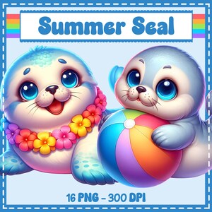以下が含まれることがあります： 大きな青い目をした2匹の漫画のアザラシのイラスト。1匹は花のレイを身につけ、もう1匹はカラフルなビーチボールを持っています。画像には、青いフレームの中に「Summer Seal」と「16 PNG - 300 DPI」というテキストが含まれています。