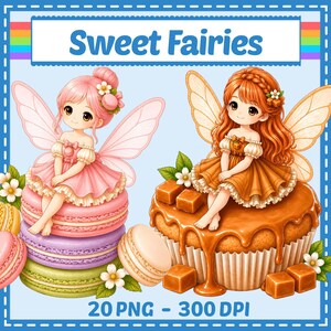 Może przedstawiać: Cyfrowa ilustracja dwóch wróżek ze skrzydłami. Jedna wróżka w różowej sukience siedzi na makaronikach, druga w pomarańczowej sukience siedzi na babeczce. Tekst "Sweet Fairies" u góry i "20 PNG - 300 DPI" na dole.