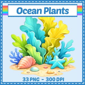 Könnte beinhalten: Eine farbenfrohe Illustration von Meerespflanzen, darunter blaue, gelbe und grüne Algen, Korallen, eine Muschel und ein Seestern. Der Text "Ocean Plants" wird über dem Bild angezeigt, darunter steht "33 PNG - 300 DPI".