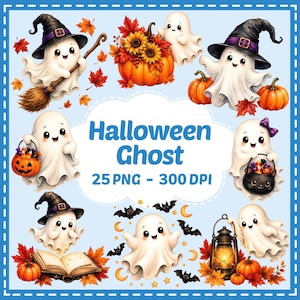 Puede incluir: Una colección de ilustraciones digitales con fantasmas blancos, calabazas, girasoles, hojas de otoño, murciélagos, una escoba, una linterna y un libro abierto. El texto dice Halloween Ghost 25 PNG - 300 DPI. Los fantasmas llevan sombreros de bruja.