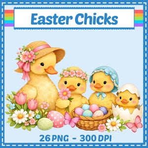May include: A digital illustration featuring four yellow Easter chicks. One chick wears a straw hat with pink flowers, another a flower crown, and a third a blue bonnet. A fourth chick is hatching from an egg. The image includes Easter eggs, flowers, and butterflies. Text reads "Easter Chicks".