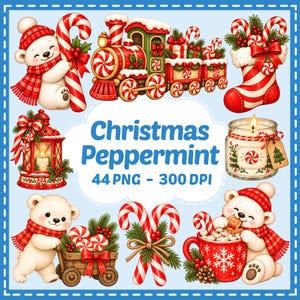 May include: A digital collection of Christmas peppermint themed illustrations featuring a polar bear with a candy cane, a festive train, a stocking, a lantern, a candle, a bear with a wagon, candy canes, and a bear with a mug. Text reads Christmas Peppermint 44 PNG - 300 DPI.