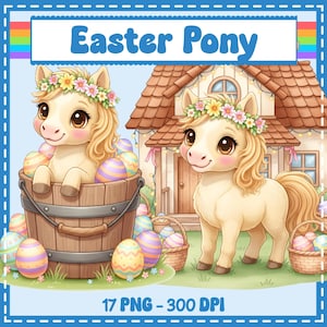 May include: An illustration featuring two adorable cartoon ponies with flower crowns, surrounded by Easter eggs and baskets. The text "Easter Pony" is displayed above the ponies, with the text "17 PNG - 300 DPI" below.