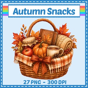 May include: A woven wicker basket filled with autumn items including a red apple, a pumpkin, a jar, a mug, a book, and a rolled beige knit blanket. The basket is decorated with orange maple leaves, berries, and a large brown ribbon bow.