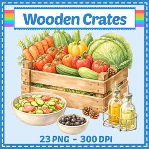 Op de afbeelding: Een houten krat vol verse groenten, waaronder wortelen, tomaten, paprika's, komkommers en kool. Twee kommen salade en olijven staan voor de krat. De tekst "Wooden Crates" en "23 PNG - 300 DPI" is inbegrepen.