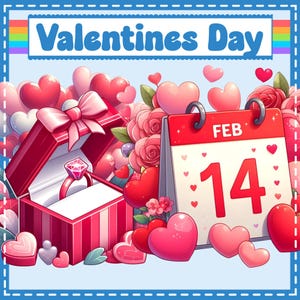May include: A Valentine's Day themed illustration with a red gift box, a diamond ring, and a calendar showing February 14. Pink and red hearts and roses surround the objects. The words "Valentines Day" are at the top.