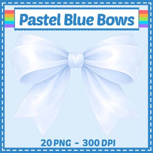 Puede incluir: Ilustración digital de un lazo azul claro con textura satinada. El lazo está centrado sobre un fondo azul claro, con el texto "Pastel Blue Bows" en la parte superior. La imagen también incluye el texto "20 PNG - 300 DPI".