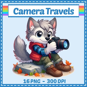 May include: A cartoon wolf character with grey fur holding a black camera, wearing a red vest over a blue plaid shirt, green cargo pants, and brown boots. The text Camera Travels is at the top, and 16 PNG - 300 DPI is at the bottom.