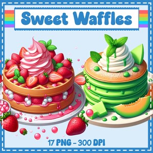 May include: An illustration of two sweet breakfast treats. One is a waffle topped with strawberries and pink whipped cream. The other is a stack of green pancakes with white cream and mint. The image has the text "Sweet Waffles" and "17 PNG - 300 DPI".
