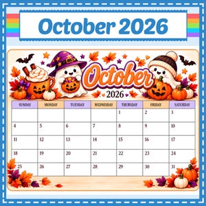 Könnte beinhalten: Ein Wandkalenderblatt für Oktober 2026 mit einem festlichen Halloween-Thema. Das Design zeigt zwei Cartoon-Geister, Kürbisse, Herbstblätter und eine Tasse heiße Schokolade. Das Kalenderraster zeigt die Wochentage und die entsprechenden Daten.