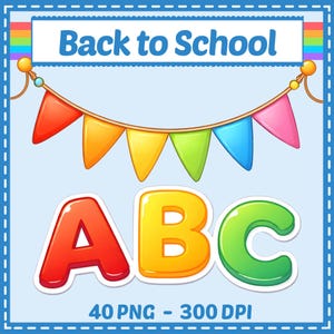 Puede incluir: Ilustración colorida con el texto "Back to School" en la parte superior. Debajo, una guirnalda de banderines rojos, naranjas, amarillos, verdes, azules y rosas cuelga sobre las letras "ABC". La imagen también incluye el texto "40 PNG - 300 DPI".