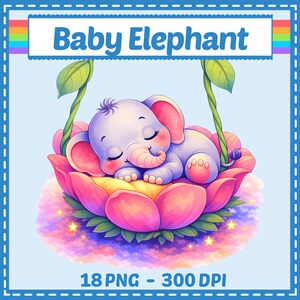 May include: A digital illustration of a sleeping baby elephant nestled in a pink flower. The elephant is light purple with pink ears and is resting on a bed of pink petals. The image includes the text "Baby Elephant" and "18 PNG - 300 DPI".