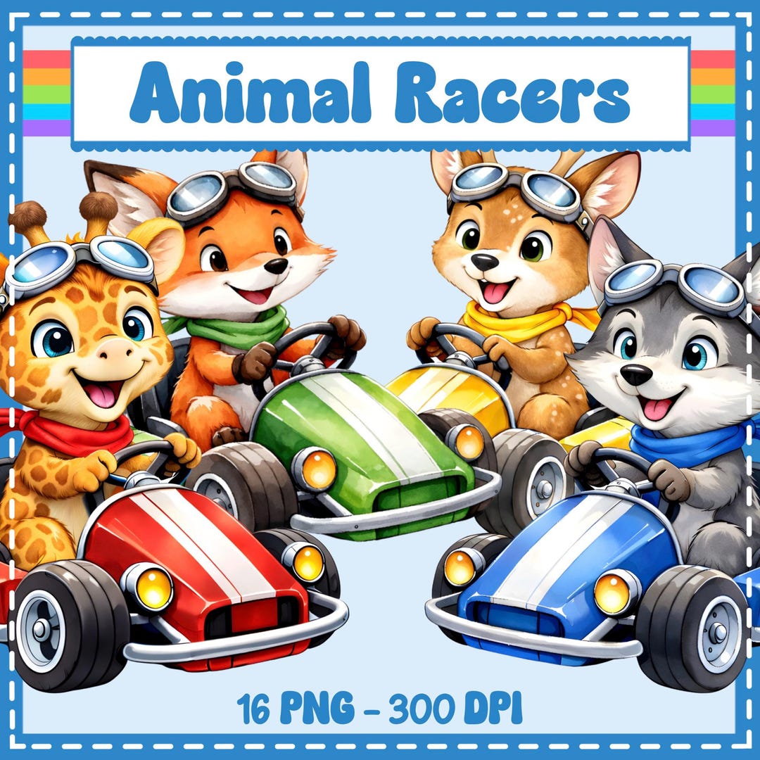 Animal Racers Clipart, 16 PNG, Baby Shower, Kids Design, Cute Stickers ...