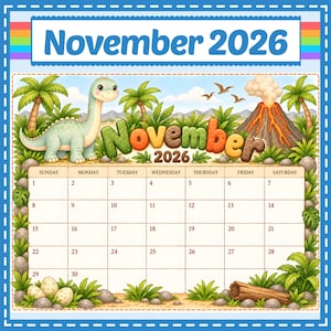 Puede incluir: Una página de calendario de noviembre de 2026 con un dinosaurio verde claro, palmeras y un volcán en erupción. El texto dice November 2026. La cuadrícula muestra los días de domingo a sábado con las fechas del 1 al 30. Borde azul con rayas blancas.