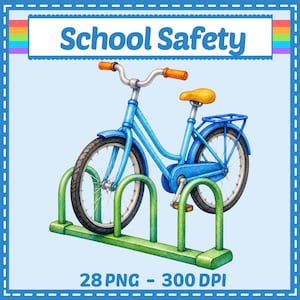 Könnte beinhalten: Eine Aquarellillustration eines hellblauen Fahrrads in einem grünen Metall-Fahrradständer. Der Text School Safety steht oben und 28 PNG - 300 DPI unten. Das Fahrrad hat orangefarbene Griffe und einen gelben Sattel.