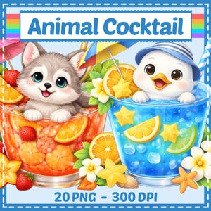 Animal Cocktail Clipart 20 PNG, Greeting Card, Kids, Sticker, Cross Stitch Pattern, Digital Download, Sublimation, Scrapbook, Commercial Use