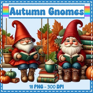 May include: Digital illustration featuring two autumn gnomes reading books. The gnomes wear red coats and hats, with white beards. The background includes fall leaves, pumpkins, and a mug of coffee. Text reads "Autumn Gnomes" and "18 PNG - 300 DPI".