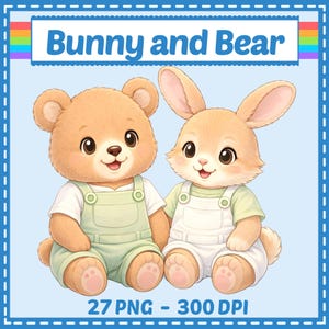 Op de afbeelding: Illustratie van een teddybeer en een konijn, beiden lachend en gekleed in overalls. De tekst "Bunny and Bear" staat bovenaan, met "27 PNG - 300 DPI" onderaan. De achtergrond is lichtblauw, met een regenboogrand.