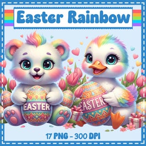 Può includere: Illustrazione di un orso bianco e di un'anatra, entrambi con capelli arcobaleno, che tengono uova di Pasqua decorate. Le uova hanno la scritta "EASTER". Lo sfondo è azzurro con tulipani e cuori. Il testo "Easter Rainbow" è in alto.