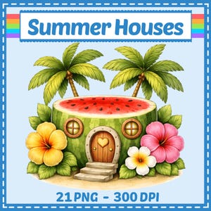 Clipart de Casas de Verão, 21 PNGs, Cartão de Cumprimentos, Gráfico em Tons Pastel, Padrão de Ponto Cruz, Download Digital, Sublimação, Scrapbook, Uso Comercial