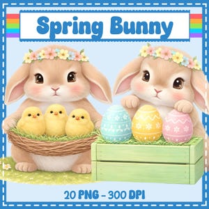 May include: A digital illustration of two bunnies adorned with flower crowns. One bunny holds a basket with three yellow chicks, the other a green crate with three decorated Easter eggs. The text "Spring Bunny" is displayed at the top. The image is framed in blue.