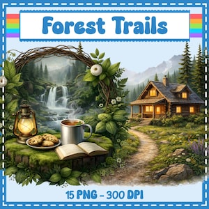 Może przedstawiać: Cyfrowy wydruk artystyczny zatytułowany "Forest Trails" przedstawiający malowniczy krajobraz z wodospadem, chatą i ścieżką. Latarnia, filiżanka herbaty, ciasteczka i otwarta książka znajdują się na pierwszym planie. Obraz otoczony jest niebieską ramką.