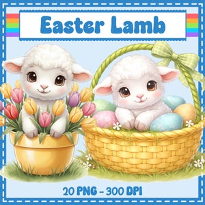 Könnte beinhalten: Eine Illustration mit zwei entzückenden Lämmern. Eines sitzt in einem gelben Blumentopf mit Tulpen, das andere in einem Weidenkorb mit Ostereiern. Der Text "Easter Lamb" und "20 PNG - 300 DPI" ist ebenfalls enthalten. Osterthema.