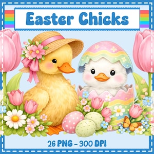 Puede incluir: Ilustración digital con dos pollitos de Pascua. Uno lleva un sombrero de paja con flores rosas y un lazo. El otro está saliendo de un huevo de colores pastel. La imagen incluye tulipanes, huevos y el texto "Easter Chicks".