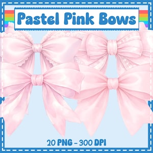 Puede incluir: Lazos rosa pastel en varios estilos sobre un fondo azul claro. El texto "Pastel Pink Bows" está en la parte superior, con "20 PNG - 300 DPI" en la parte inferior. Los lazos tienen diferentes texturas y diseños.