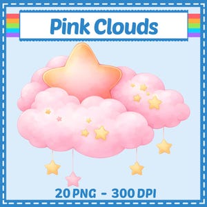 May include: A digital illustration featuring pink clouds, a large peach-colored star, and smaller yellow stars. The image includes the text "Pink Clouds" in a banner and "20 PNG - 300 DPI" at the bottom, all set against a light blue background.