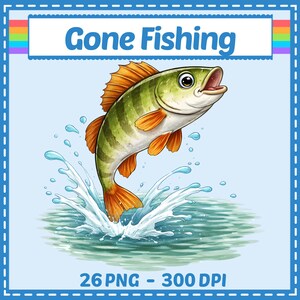 May include: A colorful illustration of a fish jumping out of water. The fish has green and yellow stripes with orange fins and tail. The words "Gone Fishing" are displayed above the fish in a blue banner.