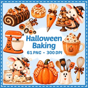 Może przedstawiać: Kolekcja ilustracji do pieczenia na Halloween, zawierająca roladę dyniową, cynamonkę, rękaw cukierniczy, królika w kapeluszu czarownicy, mikser, kubek z bitą śmietaną, dynię i przybory kuchenne z tekstem Halloween Baking 61 PNG - 300 DPI.