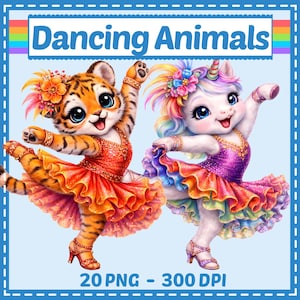 May include: A digital illustration featuring two dancing animals. A tiger cub in an orange dress and a unicorn in a purple dress are dancing. The image has the text "Dancing Animals" at the top and "20 PNG - 300 DPI" at the bottom.