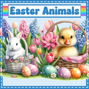 May include: A vibrant illustration depicting a white rabbit and a yellow duckling in wicker baskets, amidst flowers and Easter eggs. The image includes the text "Easter Animals" in a blue banner with a rainbow border.