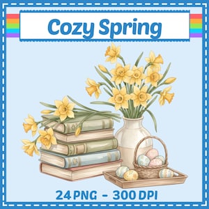Może przedstawiać: Ilustracja akwarelowa z tekstem "Cozy Spring". Przedstawia stos książek, wazon z żółtymi żonkilami, koszyk z pisankami i drewnianą tacę z jajkami. Obrazek jest obramowany niebieską przerywaną linią i tęczowym paskiem.