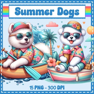 Puede incluir: Ilustración de dos perros blancos en botes, con gafas de sol y camisas hawaianas. Uno rema, el otro sostiene un helado. La imagen tiene el texto "Summer Dogs" y "15 PNG - 300 DPI".