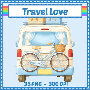 Peut inclure: Illustration d'une camionnette vintage avec des bagages sur le toit et un vélo bleu clair avec un panier en osier. Le texte "Travel Love" est affiché au-dessus de la camionnette. L'image a une bordure bleue et le texte "35 PNG - 300 DPI".