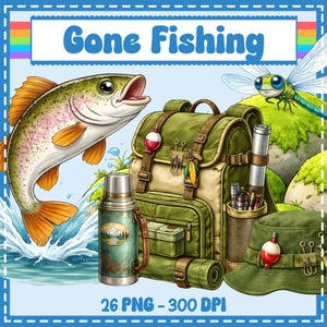 Könnte beinhalten: Eine digitale Illustration mit dem Text "Gone Fishing" zeigt eine Forelle, Angelausrüstung und eine Libelle. Die Szene umfasst einen grünen Rucksack, eine Thermoskanne, einen Hut und eine Angelpose. Das Bild hat einen blauen Rahmen mit einem Regenbogenstreifen.