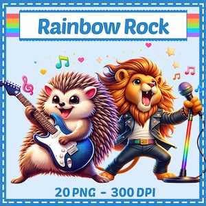 Op de afbeelding: Een digitale illustratie getiteld Rainbow Rock met een egel die een blauwe elektrische gitaar bespeelt en een leeuw die in een microfoon zingt. De afbeelding bevat muzieknoten, sterren en hartjes op een lichtblauwe achtergrond met 20 PNG 300 DPI tekst.