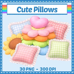 Könnte beinhalten: Eine Sammlung dekorativer Kissen mit einem zentralen herzförmigen Kissen, einem mehrfarbigen blumenförmigen Kissen und mehreren quadratischen Kissen mit Vichy-Muster und Rüschenkanten. Der Text "Cute Pillows" und "30 PNG - 300 DPI" ist sichtbar.